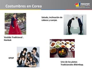 Costumbres en Corea

                        Saludo, inclinación de
                        cabeza y cuerpo.




Vestido Tradicional .
Hanbok




     KPOP
                                            Uno de los platos
                                            Tradicionales Bibimbap.
 