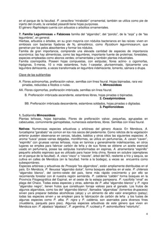en el parque de la facultad. P. ceracifera “mirabolán” ornamental, también se utiliza como pie de
injerto del ciruelo, la variedad pissardii tiene hojas purpúreas.
El género Raphiolepis cuenta con arbustos o arbolitos ornamentales.

7. Familia Leguminosas = Fabáceas familia del “algarrobo”, del “poroto”, de la “soja” y de “las
legumbres”, en general.
Hierbas, arbustos o árboles, en su gran mayoría con nódulos bacterianos en las raíces: viven en
simbiosis con bacterias fijadoras de N2 atmosférico, como Ryzobium leguminosarum, que
penetran por los pelos absorbentes y formar los nódulos.
Familia de gran importancia, comprende una elevada cantidad de especies de importancia
económica: las hay alimenticias, como las legumbres, importante fuente de proteínas; forestales;
especies empleadas como abonos verdes; ornamentales y también plantas industriales.
Familia cosmopolita. Poseen hojas compuestas, con estípulas; flores actino- o cigomorfas,
hipóginas, 5-meras, 10 o más estambres, fruto 1-carpelar, pluriseminado, típicamente una
legumbre dehiscente, a veces transformada en legumbre indehiscente, lomento, sámara o drupa.

Clave de las subfamilias

A. Flores actinomorfas, prefloración valvar, semillas con línea fisural. Hojas bipinadas, rara vez
   pinadas, reducidas a filodios o nulas.                       1. Mimosoideas
AA. Flores cigomorfas, prefloración imbricada, semillas sin línea fisural.
    B. Prefloración imbricada ascendente, estambres libres, hojas pinadas o bipinadas.
                                                             2. Cesalpinioideas
    BB. Prefloración imbricada descendente, estambres soldados, hojas pinadas o digitadas.
                                                           3. Papilionoideas

1. Subfamilia Mimosoideas
Plantas leñosas, hojas bipinadas. Flores de prefloración valvar, pequeñas, agrupadas en
cabezuelas, comúnmente gamopétalas, numerosos estambres, libres. Semillas con línea fisural.

Nativas: Numerosas especies arbustivas y arbóreas del género Acacia. En Mendoza, A.
furcatispina “garabato” es común en los ríos secos del piedemonte. Como relictos de la vegetación
anterior pueden observarse en cercos, taludes, baldíos y otros sitios las siguientes especies: A.
aroma “tusca” posee vainas delgadas, moniliformes, se utiliza en perfumerías, A. caven “caven”,
“espinillo” con gruesas vainas leñosas, ricas en taninos y generalmente indehiscentes, en otros
lugares se emplea para fabricar carbón de leña y de sus flores se obtiene un aceite esencial
usado en perfumería, posee las estípulas transformadas en espinas, A. atramentaria “espinillo”
pequeño arbolito espinoso que es utilizado para hacer tinta china, florece en octubre (ejemplares
en el parque de la facultad). A. visco “visco” o “viscote”, árbol del NO, resitente a frío y sequía, se
cultiva en calles de Mendoza (en la facultad, frente a la bodega), a veces se encuentra como
subespontáneo.
Especies arbóreas y arbustivas de Prosopis “los algarrobos”, están ampliamente distribuidas en el
país. En Mendoza, P. flexuosa “algarrobo dulce”, forma bosques abiertos en el este. P. chilensis
“algarrobo blanco”, del centro–oeste del país, tiene más rápido crecimiento y por ello se
recomienda forestar con él nuestra región semiárida. P. caldenia “caldén” forma bosques en la
Provincia Fitogeográfica del Espinal, en el oeste de la estepa pampeana. P. ruscifolia “vinal” es
plaga del Chaco. Todas estas especies y otras, además de P. alba “algarrobo blanco” y P. nigra
“algarrobo negro”, tienen frutos que constituyen forraje valioso para el ganado. Los frutos de
algunos algarrobos, como los del “algarrobo blanco”, llamados “algarrobas” (lomentos drupaceos)
sirven para preparar bebidas alcohólicas (aloja) y un alimento de alto valor energético (patay);
todas las especies sirven y se emplean para la fabricación de carbón de leña y los fustes de
algunas especies como P. alba, P. nigra y P. caldenia, son aserrados para diversos fines
(mueblería, parquets para piso). Algunas especies arbustivas de este género que viven en
Mendoza son: P. alpataco “alpataco”, P. argentina, P. ruizleali y P. estrombulifera “retortuño”.

                                                                                                     4
 