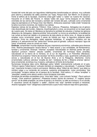 forestal del norte del país con legumbres indehiscentes transformadas en sámara, muy cultivado
para adorno y arbolados de calles (avenida Las Tipas, Parque Gral. San Martín; en el parque y
frente al edificio de la facultad). Erytrhrina crista–galli “ceibo” o “seibo” es nuestra flor nacional,
frecuente en el Delta del Paraná. E. falcata “ceibo del Jujuy” forma bosques en las faldas
orientales de las sierras del noroeste y también del noreste del país, cultivado como ornamental
(algunos ejemplares en el Parque Gral. San Martín). Amburana cearensis “roble criollo” forestal de
la selva tucumano-oranense, de madera muy valiosa.
Especies nativas de los géneros Trifolium, Vicia, Lathyrus, Phaseolus, Astragalus (es el género
más diversificado del mundo), Adesmia, Anarthrophyllum y otros, se encuentran en la mayor parte
de nuestro país. De éstos en Mendoza es llamativa la cantidad de arbustos o hierbas los géneros
Adesmia y de Astragalus. Adesmia pinifolia “leña amarilla” su tronco es amarillento, la localidad de
Las Leñas se llama así debido a la presencia de ésta planta en dicha zona. A. trijuga se podría
emplear como ornamental, posee 3 pares de foliolos por hoja, la legumbre presenta pelos
plumosos. Entre los Astragalus, todas especies herbáceas, A. ameghinoi, mimético con las
piedras y A. pehuenche son las “yerba loca” tóxicas para el ganado. Lathyrus macropus “agua de
nieve” ornamental, crece en zonas con nieve.
Exóticas: comprenden muchas especies de gran importancia económica, cultivadas para diversos
fines. Robinia pseudoacacia “acacia blanca” o “falsa acacia” y sus variedades, de Norteamérica,
forestal y ornamental. Diversas “retamas” europeas naturalizadas en distintas partes del país.
Spartium junceum “retama” arbusto subáfilo, ornamental de hermosas flores amarillas,
naturalizado en la Sierra de la Ventana, en el sur de Argentina y en Potrerillos (Mendoza).
Sarothamnus scoparius “retama de escobas” de flores amarillas y rojas, igualmente cultivada para
cercos y naturalizada en el Sur de Buenos Aires y en la Patagonia. (Bariloche). Como
ornamentales Lathyrus odoratus “arvejilla de olor”, herbácea de flor y Wisteria sinensis “glicina”
liana ornamental, es leñosa muy invasora, cultivada en el frente de la facultad.
Numerosas forrajeras tales como Medicago sativa “alfalfa” extensamente cultivada en el país.
Trifolium repens “trébol blanco” cultivado (también en céspedes) y naturalizado. T. pratense “trébol
rojo” importante forrajera invierno–primaveral. Melilotus albus “trébol de olor blanco” que debe su
nombre vulgar a su contenido de cumarina, sustancia anticoagulante. Lotus corniculatus “loto
corniculado” forrajera valiosa (en el parque de la facultad). Vicia sativa y V. villosa “arvejillas” o
“alverjillas” usadas como abono verde o como forrajeras invernales.
Hortalizas de semillas comestibles como: Vicia faba “haba”, Lens culinaris “lenteja”, Pisum sativum
“arveja”, Cicer arietinum “garbanzo”, Phaseolus lunatus “poroto de manteca”, P. vulgaris “poroto
común” es de doble propósito, se come el poroto y la chaucha, su tallo se enrosca y no el zarcillo,
P. coccineus “poroto de España” o “pallar”, Glycine max “soja” (también forrajera e industrial).
Arachis hypogaea “maní” oleaginosa sudamericana cuyos frutos maduran bajo tierra (geocarpo).




                                                                                                     6
 