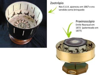 Zootrópio
Praxinoscópio
Emile Reynaud em
1872 (patenteado em
1877)
Nos E.U.A. apareceu em 1867 e era
vendido como brinquedo
 