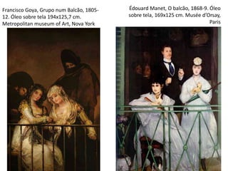 Francisco Goya, Grupo num Balcão, 1805-
12. Óleo sobre tela 194x125,7 cm.
Metropolitan museum of Art, Nova York
Édouard Manet, O balcão, 1868-9. Óleo
sobre tela, 169x125 cm. Musée d’Orsay,
Paris
 