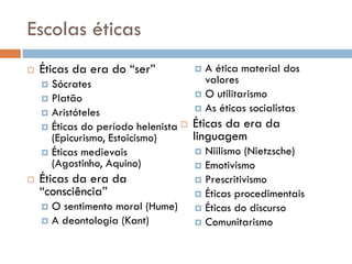 Escolas éticas
 Éticas da era do “ser”
 Sócrates
 Platão
 Aristóteles
 Éticas do período helenista
(Epicurismo, Estoicismo)
 Éticas medievais
(Agostinho, Aquino)
 Éticas da era da
“consciência”
 O sentimento moral (Hume)
 A deontologia (Kant)
 A ética material dos
valores
 O utilitarismo
 As éticas socialistas
 Éticas da era da
linguagem
 Niilismo (Nietzsche)
 Emotivismo
 Prescritivismo
 Éticas procedimentais
 Éticas do discurso
 Comunitarismo
 