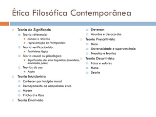 Ética Filosófica Contemporânea
 Teoria de Significado
 Teoria referencial
 nomear o referido
 representação em Wittgenstein
 Teoria verificacionista
 Positivismo lógico
 Teoria causal ou psicológica
 Significados dos atos linguísticos (mandato,
enunciado, juízo)
 Teorias do uso
 Austin
 Teoria Intuicionista
 Conhecer por intuição moral
 Rechaçamento do naturalismo ético
 Moore
 Prichard e Ross
 Teoria Emotivista
 Stevenson
 Acordos e desacordos
 Teoria Prescritivista
 Hare
 Universalidade e superveniência
 Neustico e frastico
 Teoria Descritivista
 Fatos e valores
 Hume
 Searle
 