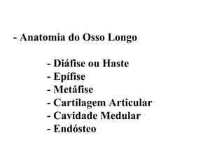 - Anatomia do Osso Longo

      - Diáfise ou Haste
      - Epífise
      - Metáfise
      - Cartilagem Articular
      - Cavidade Medular
      - Endósteo
 