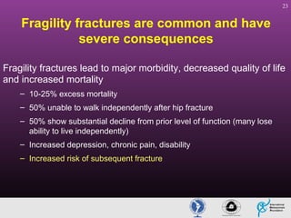 23

Fragility fractures are common and have
severe consequences
Fragility fractures lead to major morbidity, decreased quality of life
and increased mortality
– 10-25% excess mortality
– 50% unable to walk independently after hip fracture
– 50% show substantial decline from prior level of function (many lose
ability to live independently)
– Increased depression, chronic pain, disability
– Increased risk of subsequent fracture

 