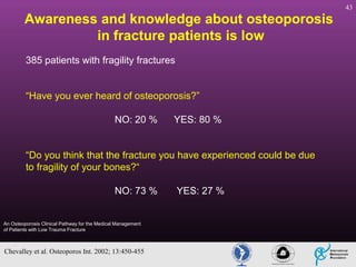 Awareness and knowledge about osteoporosis
in fracture patients is low
385 patients with fragility fractures
“Have you ever heard of osteoporosis?”
NO: 20 %

YES: 80 %

“Do you think that the fracture you have experienced could be due
to fragility of your bones?“
NO: 73 %

An Osteoporosis Clinical Pathway for the Medical Management
of Patients with Low Trauma Fracture

Chevalley et al. Osteoporos Int. 2002; 13:450-455

YES: 27 %

43

 