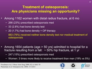 45

Treatment of osteoporosis:
Are physicians missing an opportunity?
• Among 1162 women with distal radius fracture, at 6 mo
– 266 (23%) prescribed osteoporosis med
– 33 (2.8%) had bone density test
– 20 (1.7%) had bone density + OP therapy
883 (76%) received neither bone density test nor medical treatment of
osteoporosis

• Among 1654 patients (age > 50 yrs) admitted to hospital for a
fracture resulting from a fall: ~ 50% hip fracture, at 1 yr
– 247 (15%) prescribed osteoporosis med
– Women: 3 times more likely to receive treatment than men (19% vs 5%)
Freedman et al. J Bone Joint Surg 2000; 82-A:1063-70
Panneman et al. Osteoporos Int. 2004; 15:120-4

 