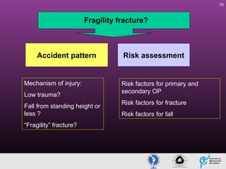 50

Fragility fracture?

Accident pattern

Mechanism of injury:
Low trauma?
Fall from standing height or
less ?
“Fragility” fracture?

Risk assessment

Risk factors for primary and
secondary OP
Risk factors for fracture
Risk factors for fall

 