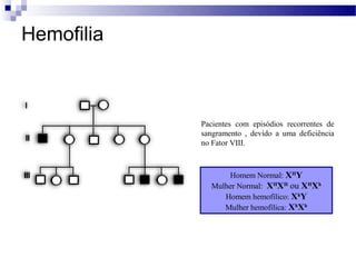 Hemofilia



            Pacientes com episódios recorrentes de
            sangramento , devido a uma deficiência
            no Fator VIII.



                  Homem Normal: XHY
              Mulher Normal: XHXH ou XHXh
                 Homem hemofílico: XhY
                 Mulher hemofílica: XhXh
 