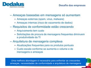 Desafio das empresas


– Ameaças baseadas em mensagens só aumentam
      Ameaças externas (spam, virus, malware)
      Ameaças internas (risco de vazamento de dados)
– Requisitos de conformidade estão crescendo
      Arquivamento tem custo
      Solicitações de procura de mensagens frequentes diminuem
       a produtividade da TI
– Arquitetura de mensageria complexa
      Atualizações frequentes para os produtos pontuais
      Custo escala conforme se aumenta o volume e de
       mensagens e ameaças


 Uma melhora abordagem é necessária para enfrentar as crescentes
ameaças, necessidades de conformidade e arquitetura de mensagens
 