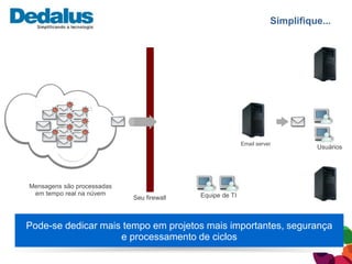 Simplifique...




                                                          Email server
                                                                               Usuários




Mensagens são processadas
 em tempo real na núvem                    Equipe de TI
                            Seu firewall



Pode-se dedicar mais tempo em projetos mais importantes, segurança
                    e processamento de ciclos
 