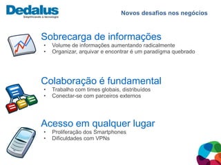 Novos desafios nos negócios



Sobrecarga de informações
•   Volume de informações aumentando radicalmente
•   Organizar, arquivar e encontrar é um paradígma quebrado




Colaboração é fundamental
•   Trabalho com times globais, distribuídos
•   Conectar-se com parceiros externos




Acesso em qualquer lugar
•   Proliferação dos Smartphones
•   Dificuldades com VPNs
 