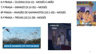 6.ª PRAGA – ÚLCERAS (9.8-12) - MOISÉS E ARÃO
7.ª PRAGA – GRANIZO (9.13-35) – MOISÉS
8ª PRAGA – INVASÃO DE GAFANHOTOS (10.1-20) – MOISÉS
9.ª PRAGA – TREVAS (10.21-29) - MOISÉS
16
 