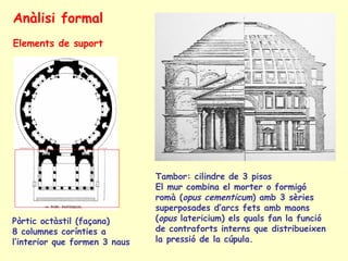 Anàlisi formal
Elements de suport




                               Tambor: cilindre de 3 pisos
                               El mur combina el morter o formigó
                               romà (opus cementicum) amb 3 sèries
                               superposades d’arcs fets amb maons
Pòrtic octàstil (façana)       (opus latericium) els quals fan la funció
8 columnes corínties a         de contraforts interns que distribueixen
l’interior que formen 3 naus   la pressió de la cúpula.
 