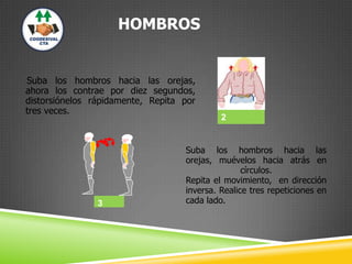 HOMBROS
Suba los hombros hacia las orejas,
ahora los contrae por diez segundos,
distorsiónelos rápidamente, Repita por
tres veces.
2
Suba los hombros hacia las
orejas, muévelos hacia atrás en
círculos.
Repita el movimiento, en dirección
inversa. Realice tres repeticiones en
cada lado.3
 
