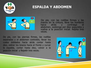 ESPALDA Y ABDOMEN
De pie, con las rodillas firmes y las
manos en la cintura, lleve los hombros
hacia atrás y contraiga el
abdomen, sostenga por diez segundos y
vuelva a la posición inicial. Repita tres
veces.
De pie, con las piernas firmes, las rodillas
separadas y el abdomen contraído, llevar los
codos doblados hacia atrás contar hasta
diez, estirar los brazos hacia el frente y curvar
la espalda, contar hasta diez, volver a la
posición inicial y Repetir tres veces.
1
2
 