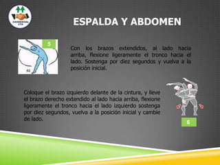ESPALDA Y ABDOMEN
Con los brazos extendidos, al lado hacia
arriba, flexione ligeramente el tronco hacia el
lado. Sostenga por diez segundos y vuelva a la
posición inicial.
Coloque el brazo izquierdo delante de la cintura, y lleve
el brazo derecho extendido al lado hacia arriba, flexione
ligeramente el tronco hacia el lado izquierdo sostenga
por diez segundos, vuelva a la posición inicial y cambie
de lado.
6
5
 