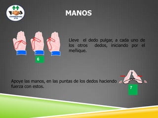 MANOS
6
Lleve el dedo pulgar, a cada uno de
los otros dedos, iniciando por el
meñique.
7
Apoye las manos, en las puntas de los dedos haciendo
fuerza con estos.
 