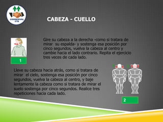 CABEZA - CUELLO
Gire su cabeza a la derecha -como si tratara de
mirar su espalda- y sostenga esa posición por
cinco segundos, vuelva la cabeza al centro y
cambie hacia el lado contrario. Repita el ejercicio
tres veces de cada lado.
1
2
Lleve su cabeza hacia atrás, como si tratara de
mirar el cielo, sostenga esa posición por cinco
segundos, vuelva la cabeza al centro, y baje
lentamente la cabeza como si tratara de mirar el
suelo sostenga por cinco segundos. Realice tres
repeticiones hacia cada lado.
 