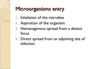 Microorganisms entry Inhalation of the microbes Aspiration of the organism Hematogenous spread from a distant focus Direct spread from an adjoining site of infection 