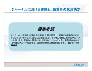 ジャーナルにおける査読と、編集者の意思決定
ジャーナルにおける査読と、編集者の意思決定




              編集者談
私はたいてい原稿を 1) 貢献する卓越した質の研究、2) 貢献する可能性がある
申し分のない質の研究、3) なんの貢献もしない質の悪い論文、と3つのグループ
に分類します。原稿の大部分が2に分類され、1と3への対応は素早く取られます
。2つ目のグループの原稿は、決定前に時間と熟慮を要します7。- 前ジャーナル
編集者
 