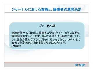 ジャーナルにおける査読と、編集者の意思決定
ジャーナルにおける査読と、編集者の意思決定



          ジャーナル談

査読の第一の目的は、編集者が決定を下すために必要な
情報を提供することです。さらに査読とは、著者に対してい
かに彼らの論文がアクセプトされるかもしれないレベルまで
改善できるのかを指示するものでもあります11。
- Nature
 
