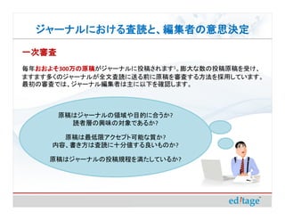 ジャーナルにおける査読と、編集者の意思決定
  ジャーナルにおける査読と、編集者の意思決定

一次審査
毎年おおよそ   万の原稿がジャーナルに投稿されます1。膨大な数の投稿原稿を受け、
  おおよそ300万の原稿
  おおよそ   万の原稿
ますます多くのジャーナルが全文査読に送る前に原稿を審査する方法を採用しています。
最初の審査では、ジャーナル編集者は主に以下を確認します。



       原稿はジャーナルの領域や目的に合うか?
         読者層の興味の対象であるか?

       原稿は最低限アクセプト可能な質か?
     内容、書き方は査読に十分値する良いものか?

    原稿はジャーナルの投稿規程を満たしているか?
 