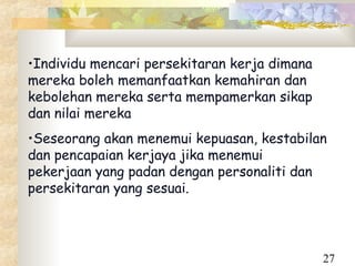 •Individu mencari persekitaran kerja dimana
mereka boleh memanfaatkan kemahiran dan
kebolehan mereka serta mempamerkan sikap
dan nilai mereka
•Seseorang akan menemui kepuasan, kestabilan
dan pencapaian kerjaya jika menemui
pekerjaan yang padan dengan personaliti dan
persekitaran yang sesuai.




                                              27
 