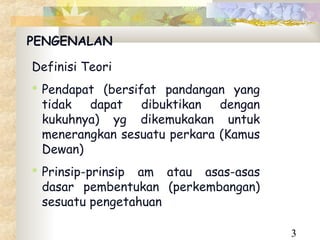 PENGENALAN

Definisi Teori
 Pendapat (bersifat pandangan yang
  tidak dapat dibuktikan dengan
  kukuhnya) yg dikemukakan untuk
  menerangkan sesuatu perkara (Kamus
  Dewan)
 Prinsip-prinsip am atau asas-asas
  dasar pembentukan (perkembangan)
  sesuatu pengetahuan

                                       3
 