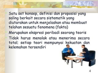  Satu set konsep, definisi dan proposisi yang
  saling berkait secara sistematik yang
  diutarakan untuk menjelaskan atau membuat
  telahan sesuatu fenomena (fakta)
 Merupakan ekspresi peribadi seorang teoris
 Tidak harus menolak atau menerima secara
  total; setiap teori mempunyai kekuatan dan
  kelemahan tersendiri




                                             4
 