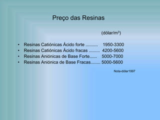 Preço das Resinas
(dólar/m3)
• Resinas Catiónicas Ácido forte .......... 1950-3300
• Resinas Catiónicas Ácido fracas ......... 4200-5600
• Resinas Aniónicas de Base Forte...... 5000-7000
• Resinas Aniónica de Base Fracas........ 5000-5600
Nota-dólar1997
 