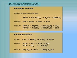 Permuta Catiónica
GERAL: Amolecimento da água
2R-Na+ + Ca2+(HCO3)2
-  R2
-Ca2+ + 2NaHCO3
FORTE: R-H+ + Na+Cl-  R-Na+ + H+Cl-
FRACA: RCOOH + Mg(OH)2  (RCOO)2Mg + 2H2O
RCOOH + Ca(OH)2  (RCOO)2Ca + 2H2O
REACÇÕES DE PERMUTA IÓNICA
Permuta Aniónica
GERAL: R+Cl- + Na+NO3
-  R+NO3
- + Na+Cl-
FORTE R+OH- + H+Cl-  R+Cl- + H2O
R+OH- + CO2  R+HCO3
-
FRACA RN(CH3)2 + H+Cl-  RNH(CH3)2
+Cl-
 
