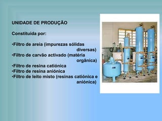 UNIDADE DE PRODUÇÃO
Constituída por:
•Filtro de areia (impurezas sólidas
diversas)
•Filtro de carvão activado (matéria
orgânica)
•Filtro de resina catiónica
•Filtro de resina aniónica
•Filtro de leito misto (resinas catiónica e
aniónica)
 
