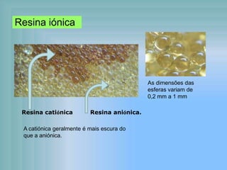 Resina iónica
Resina catiónica Resina aniónica.
As dimensões das
esferas variam de
0,2 mm a 1 mm
A catiónica geralmente é mais escura do
que a aniónica.
Resina iónica
 
