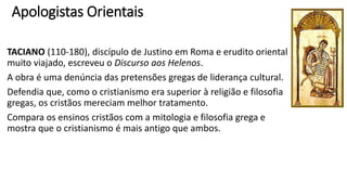 Didaquê
Texto conhecido como Ensino dos 12 Apóstolos, talvez escrito no ano 90, foi
descoberto em 1873 numa biblioteca de Constantinopla e publicado em 1883.
É um manual de instrução eclesiástica e tem 4 partes:
1º) Trata dos Caminhos da Vida.
2º) Trata de alguns problemas litúrgicos, como o batismo, o jejum e a ceia.
3º) Instrui com distinguir os falsos profetas e como nomear oficiais dignos.
4º) Alerta para uma vida vigilante e coerente face a vinda próxima do Senhor.
Detalhes interessantes do texto são do batismo por imersão em água corrente
ou outra água, ou por aspersão em casos especiais (locais com pouca água) e do
falso profeta como alguém que procura alimento e acolhida sem retribuir à
Igreja em termos de inspiração espiritual.
 