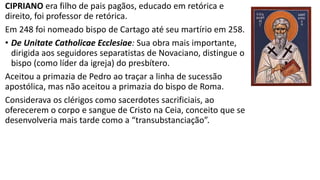 CLEMENTE DE ALEXANDRIA, filósofo cristão, nasceu em Atenas e era filho de pais
pagãos, relacionou a filosofia grega ao cristianismo para mostrar que esta era a filosofia
suprema e definitiva, para tanto cita mais de 500 autores pagãos de sua época.
Seus textos colocam a Bíblia em primeiro lugar na vida do cristão, acima da filosofia.
PROTREPTICUS, OU EXORTAÇÃO AOS GENTIOS: a superioridade do cristianismo como a
verdadeira filosofia.
PAEDAGOGUS, OU TUTOR: Trato moral para os jovens cristãos.
STROMATA, OU SELEÇÕES (7 LIVROS): apresenta, com base nas Escrituras e na tradição, a
fé cristã de modo a responder às demandas de homens letrados e orientar os estudantes.
O livro I afirma que o cristão é o verdadeiro gnóstico, isto é, caminha-se para a perfeição
da vida cristã pela iniciação no conhecimento do evangelho. Que tudo de verdade na
filosofia grega foi copiado do AT.
No Livro II trata da moralidade cristã que é superior à pagã.
No Livro III trata do casamento cristão.
Nos livros demais livros apresenta o modo de viver dos cristãos.
 
