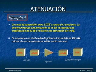 ATENUACIÓN Un canal de transmisión entre 2 DTE´s consta de 3 secciones. La primera introduce una atenuación de 16 dB, la segunda una amplificación de 20 dB y la tercera una atenuación de 10 dB. Si suponemos un nivel medio de potencia transmitida de 400 mW, calcule el nivel de potencia de salida medio del canal. Carlos Canto Q. San Luis Potosí DTE -16 dB -10 dB DTE 400 mW ¿Qué potencia llega? 20 dB repetidor Ejemplo 4 