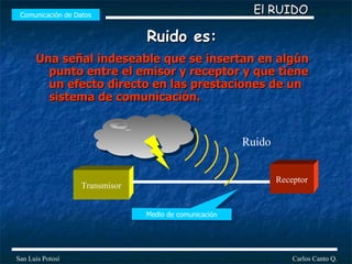 Ruido es: Una señal indeseable que se insertan en algún punto entre el emisor y receptor y que tiene un efecto directo en las prestaciones de un sistema de comunicación. Comunicación de Datos Transmisor Receptor Medio de comunicación Ruido Carlos Canto Q. San Luis Potosí El RUIDO 