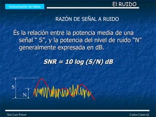 És la relación entre la potencia media de una señal “ S”, y la potencia del nivel de ruido “N” generalmente expresada en dB. SNR = 10 log (S/N) dB Comunicación de Datos Carlos Canto Q. San Luis Potosí El RUIDO S N RAZÓN DE SEÑAL A RUIDO 
