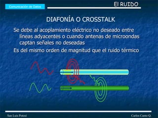 Se debe al acoplamiento eléctrico no deseado entre líneas adyacentes  o cuando antenas de microondas captan señales no deseadas Es del mismo orden de magnitud que el ruido térmico Comunicación de Datos Carlos Canto Q. San Luis Potosí El RUIDO DIAFONÍA O CROSSTALK 