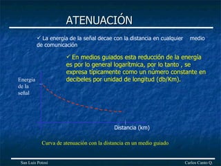 ATENUACIÓN La energía de la señal decae con la distancia en cualquier  medio de comunicación En medios guiados esta reducción de la energía es por lo general logarítmica, por lo tanto , se expresa típicamente como un número constante en decibeles por unidad de longitud (db/Km). Distancia (km) Energía de la señal Curva de atenuación con la distancia en un medio guiado Carlos Canto Q. San Luis Potosí 