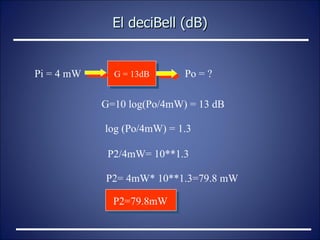 El deciBell (dB) G = 13dB Pi = 4 mW Po = ? G=10 log(Po/4mW) = 13 dB log (Po/4mW) = 1.3 P2/4mW= 10**1.3 P2= 4mW* 10**1.3=79.8 mW P2=79.8mW 