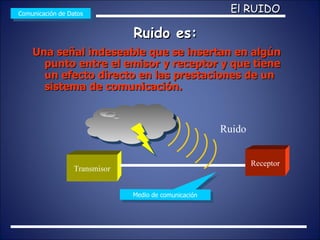 Ruido es: Una señal indeseable que se insertan en algún punto entre el emisor y receptor y que tiene un efecto directo en las prestaciones de un sistema de comunicación. Comunicación de Datos Transmisor Receptor Medio de comunicación Ruido El RUIDO 