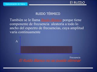 Comunicación de Datos Frecuencia A El Ruido Blanco no se puede eliminar También se le llama  Ruido Blanco  porque tiene componente de frecuencia  aleatoria a todo lo ancho del espectro de frecuencias, cuya amplitud varía continuamente  El RUIDO RUIDO TÉRMICO 
