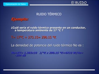 Ejemplo: ¿Cuál sería el ruido térmico presente en un conductor, a temperatura ambiente de 17 °C ? T= 17°C + 273.15= 290.15 °K La densidad de potencia del ruido térmico No es : No=KT= 1.383x10  J/°K x 290.15 °K=4X10 W/Hz= -204 dB Comunicación de Datos El RUIDO RUIDO TÉRMICO 