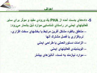 Click to edit Master title style
• Click to edit Master text styles
• Second level
• Third level
• Fourth level
• Fifth level
4
Click to edit Master title style
• Click to edit Master text styles
• Second level
• Third level
• Fourth level
• Fifth level
4
4
Click to edit Master title style
• Click to edit Master text styles
• Second level
• Third level
• Fourth level
• Fifth level
4
Click to edit Master title style
Click to edit Master title style
• Click to edit Master text styles
• Second level
• Third level
• Fourth level
• Fifth level
4
‫اهداف‬
5
-
‫هاي‬‫داده‬
‫آمد‬ ‫بدست‬
‫از‬ ‫ه‬
PHA
‫ورودي‬ ‫یك‬
‫موثر‬ ‫و‬ ‫مفید‬
‫سایر‬ ‫براي‬
‫ایمني‬ ‫فعالیتهاي‬
‫ش‬ ‫راستاي‬ ‫در‬
‫ذی‬ ‫موارد‬ ‫ناسایي‬
‫بشمار‬ ‫ل‬
‫مي‬
‫رو‬
‫د‬
:
–
‫مشكل‬ ‫بالقوه‬ ‫مناطق‬
‫آفرین‬
‫با‬ ‫مرتبط‬
‫بخشهاي‬
‫افزار‬ ‫سخت‬
‫ي‬
،
‫افزار‬‫نرم‬
‫ي‬
‫آنها‬ ‫مشترك‬ ‫فصل‬ ‫یا‬
–
‫الزامات‬
‫دستورالعمل‬
‫ایمني‬ ‫طراحي‬ ‫یا‬ ‫ي‬
–
‫ایمني‬ ‫فعالیتهاي‬ ‫بندي‬‫الویت‬
–
‫بیشتر‬ ‫آنالیزهاي‬ ،‫تست‬ ‫به‬ ‫نیازمند‬ ‫موارد‬
 