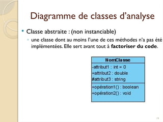 19
Diagramme de classes d’analyse
 Classe abstraite : (non instanciable)
◦ une classe dont au moins l’une de ces méthodes n’a pas été
implémentées. Elle sert avant tout à factoriser du code.
 