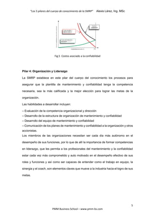 “Los 5 pilares del cuerpo de conocimiento de la SMRP” Alexis Lárez, Ing. MSc
5
PMM Business School – www.pmm-bs.com
Pilar 4: Organización y Liderazgo
La SMRP establece en este pilar del cuerpo del conocimiento los procesos para
asegurar que la plantilla de mantenimiento y confiabilidad tenga la competencia
necesaria, sea la más calificada y la mejor elección para lograr las metas de la
organización.
Las habilidades a desarrollar incluyen:
– Evaluación de la competencia organizacional y dirección
– Desarrollo de la estructura de organización de mantenimiento y confiabilidad
– Desarrollo del equipo de mantenimiento y confiabilidad
– Comunicación de los planes de mantenimiento y confiabilidad a la organización y otros
accionistas.
Los miembros de las organizaciones necesitan ser cada día más autónomo en el
desempeño de sus funciones, por lo que de allí la importancia de formar competencias
en liderazgo, que les permita a los profesionales del mantenimiento y la confiabilidad
estar cada vez más comprometido y auto motivado en el desempeño efectivo de sus
roles y funciones y así como ser capaces de entender como el trabajo en equipo, la
sinergia y el coach, son elementos claves que mueve a la industria hacia el logro de sus
metas.
Fig.5 Costos asociado a la confiabilidad
 