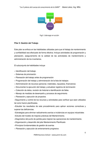 “Los 5 pilares del cuerpo de conocimiento de la SMRP” Alexis Lárez, Ing. MSc
6
PMM Business School – www.pmm-bs.com
Pilar 5: Gestión del Trabajo
Este pilar se enfoca en las habilidades utilizadas para que el trabajo de mantenimiento
y confiabilidad sea efectuado de forma efectiva. Incluye actividades de programación y
planeación, aseguramiento de la calidad de las actividades de mantenimiento y
administración de los inventarios.
El subconjunto de habilidades incluye
– Identificación del trabajo
– Sistemas de priorización
– Planeación del trabajo antes de programación
– Programación del trabajo y administración de la lista de trabajos
– Administración de recursos (personal, materiales, repuestos, financieros)
– Documentar la ejecución del trabajo y actualizar registros de terminación
– Colección de datos, revisión de historial e identificación de fallas
– Manejo de medidas de desempeño y procesos de seguimiento
– Planeación y ejecución de proyectos
–Seguimiento y control de los recursos y actividades para verificar que sean utilizados
tal como fueron planificadas.
–Estudiar los resultados de este procedimiento para aplicar acciones correctivas y
superar las deficiencias.
–Estrategias para eliminar radicalmente averías e incidencias en equipos industriales
–Estudio del modelo de mejores prácticas del Mantenimiento.
–Diagnóstico del punto de partida para mejorar las operaciones de mantenimiento.
–Organización y desarrollo del pilar Mantenimiento Planificado
–Principios fundamentales de gestión de averías
– Planeación y ejecución de entrenamiento progresivo
Fig.6 Liderazgo en acción
 