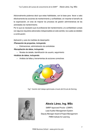 “Los 5 pilares del cuerpo de conocimiento de la SMRP” Alexis Lárez, Ing. MSc
7
PMM Business School – www.pmm-bs.com
Adicionalmente podemos decir que estas habilidades, son la base para llevar a cabo
efectivamente las acciones de mantenimiento y confiabilidad, sin importar el tamaño de
la organización, en aras de mejorar los procesos de gestión administrativas de las
actividades de mantenimiento.
Por lo que es necesario que el profesional del mantenimiento y la confiabilidad cumpla
con algunos requisitos adicionales indispensables en este sentido, los cuales se detallan
a continuación:
Aplicación y usos de medidas de desempeño
•Planeación de proyectos, incluyendo:
– Estimaciones, administración de contratistas
•Recopilación de datos, incluyendo:
– Niveles de detalle, identificación de usuario, seguimiento
•Análisis de datos, incluyendo:
– Análisis de fallas y herramientas de acciones correctivas
Alexis Lárez, Ing. MSc
SMRP Approved Proctor (CMRP)
Lead Auditor Management System
Deputy Manager Asset & Project Management
PMM Institute for Learning
Fig.7 Gestión del trabajo optimizada a través del Círculo de Deming
 